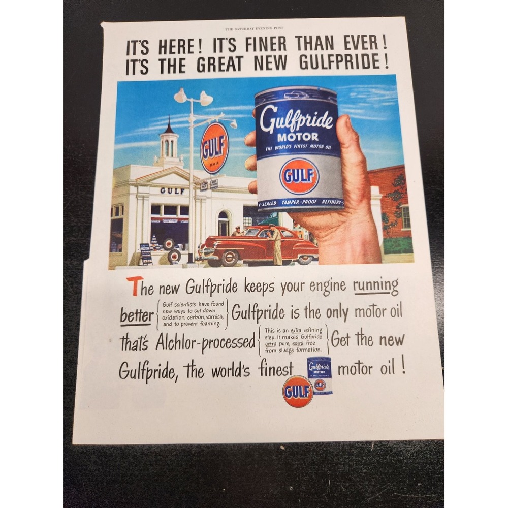 Gulf Magazine Ad Gulfpride Motor Oil 1947 Gas Station Classic Car Vintage Print